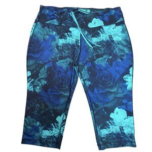Danskin NOW Capri Pants Womens XL 16/18 Dark Floral Blue Teal Rose Hidden Pocket